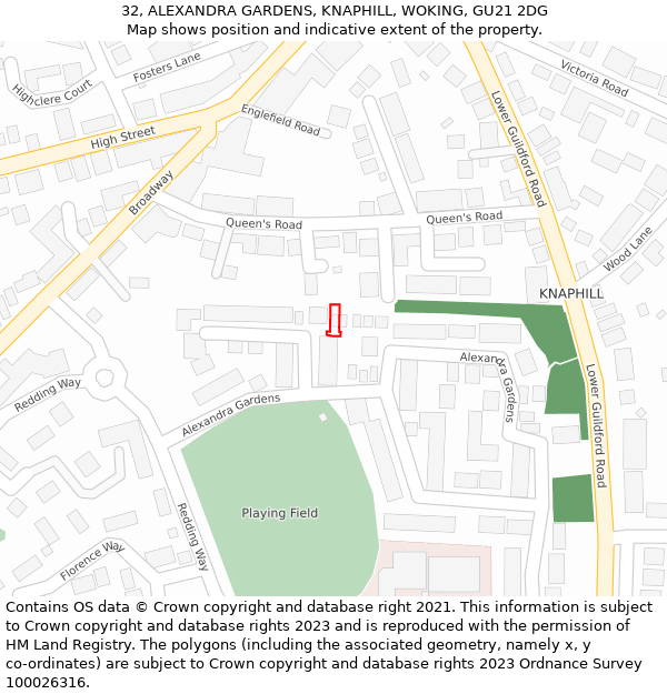 32, ALEXANDRA GARDENS, KNAPHILL, WOKING, GU21 2DG: Location map and indicative extent of plot