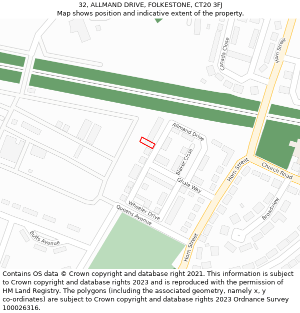 32, ALLMAND DRIVE, FOLKESTONE, CT20 3FJ: Location map and indicative extent of plot