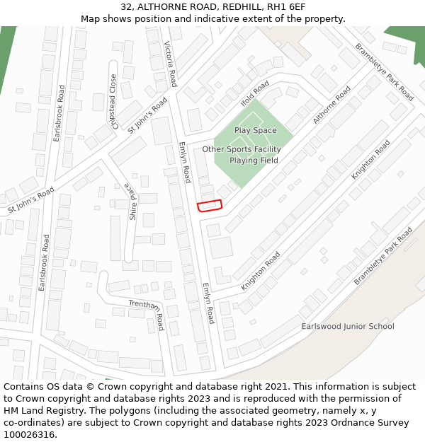 32, ALTHORNE ROAD, REDHILL, RH1 6EF: Location map and indicative extent of plot