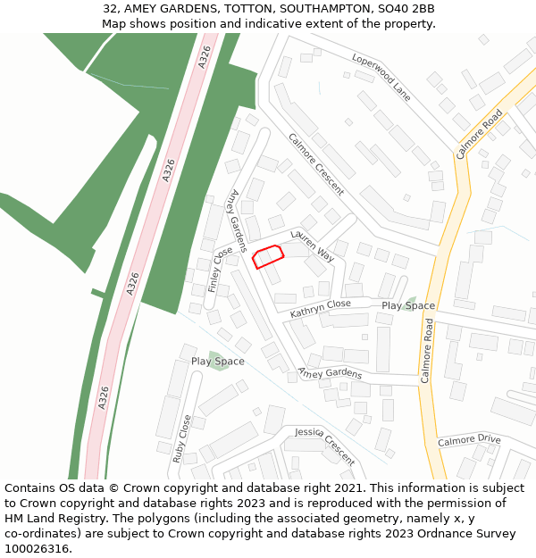 32, AMEY GARDENS, TOTTON, SOUTHAMPTON, SO40 2BB: Location map and indicative extent of plot