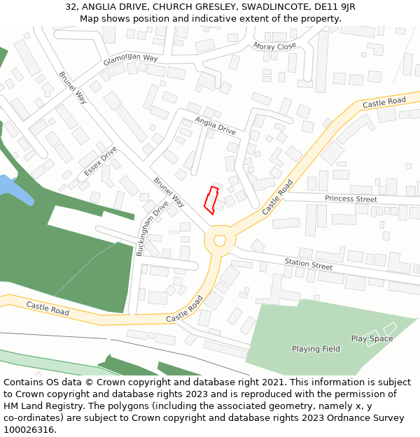 32, ANGLIA DRIVE, CHURCH GRESLEY, SWADLINCOTE, DE11 9JR: Location map and indicative extent of plot