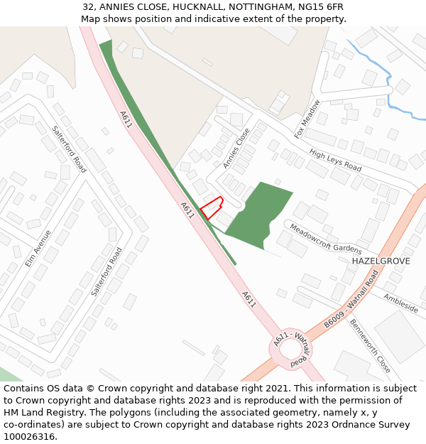 32, ANNIES CLOSE, HUCKNALL, NOTTINGHAM, NG15 6FR: Location map and indicative extent of plot