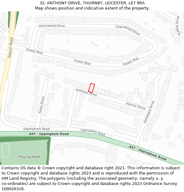 32, ANTHONY DRIVE, THURNBY, LEICESTER, LE7 9RA: Location map and indicative extent of plot