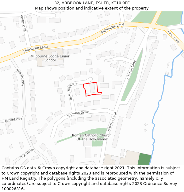 32, ARBROOK LANE, ESHER, KT10 9EE: Location map and indicative extent of plot