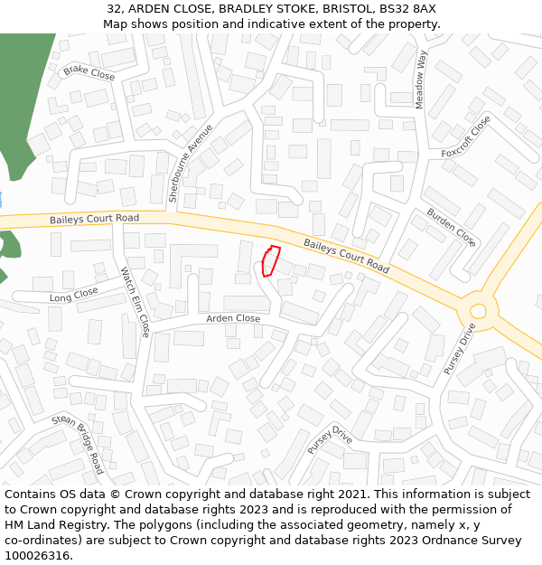 32, ARDEN CLOSE, BRADLEY STOKE, BRISTOL, BS32 8AX: Location map and indicative extent of plot