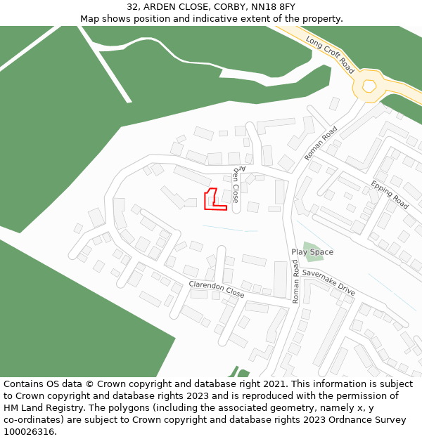 32, ARDEN CLOSE, CORBY, NN18 8FY: Location map and indicative extent of plot