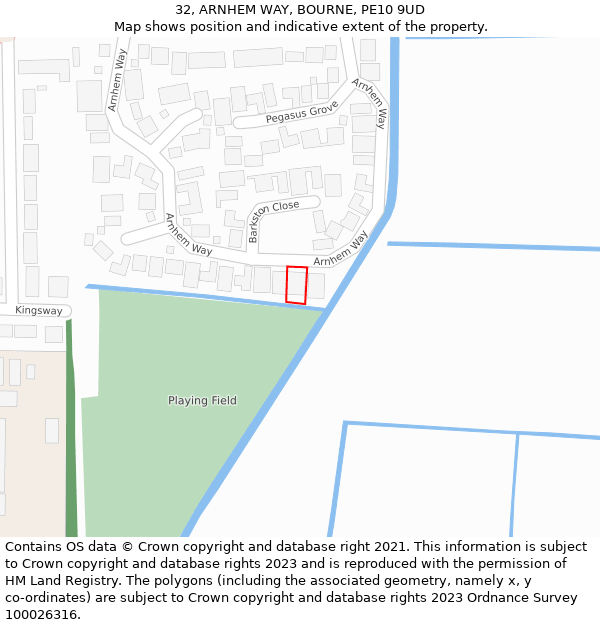32, ARNHEM WAY, BOURNE, PE10 9UD: Location map and indicative extent of plot