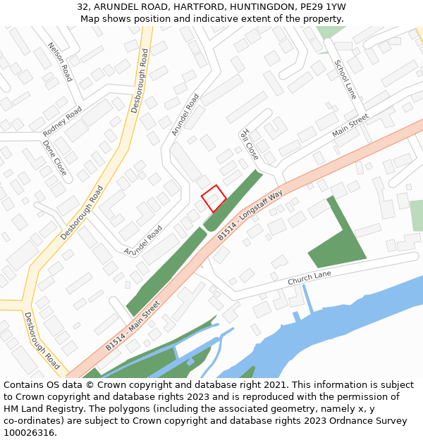 32, ARUNDEL ROAD, HARTFORD, HUNTINGDON, PE29 1YW: Location map and indicative extent of plot