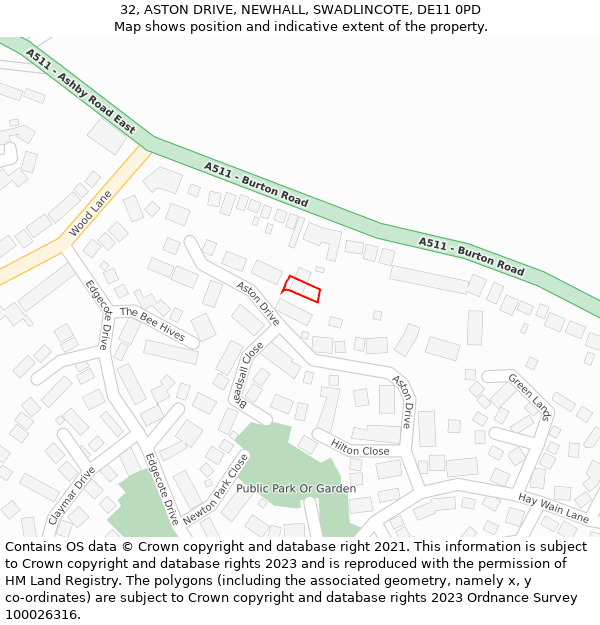 32, ASTON DRIVE, NEWHALL, SWADLINCOTE, DE11 0PD: Location map and indicative extent of plot