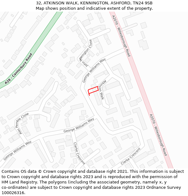 32, ATKINSON WALK, KENNINGTON, ASHFORD, TN24 9SB: Location map and indicative extent of plot