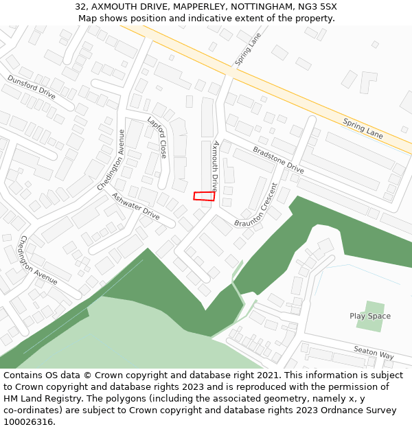 32, AXMOUTH DRIVE, MAPPERLEY, NOTTINGHAM, NG3 5SX: Location map and indicative extent of plot