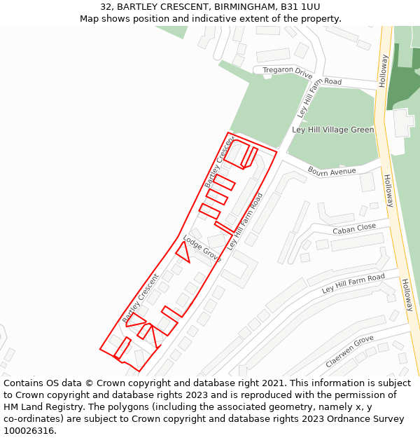 32, BARTLEY CRESCENT, BIRMINGHAM, B31 1UU: Location map and indicative extent of plot