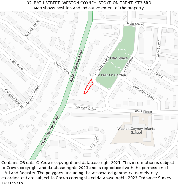 32, BATH STREET, WESTON COYNEY, STOKE-ON-TRENT, ST3 6RD: Location map and indicative extent of plot