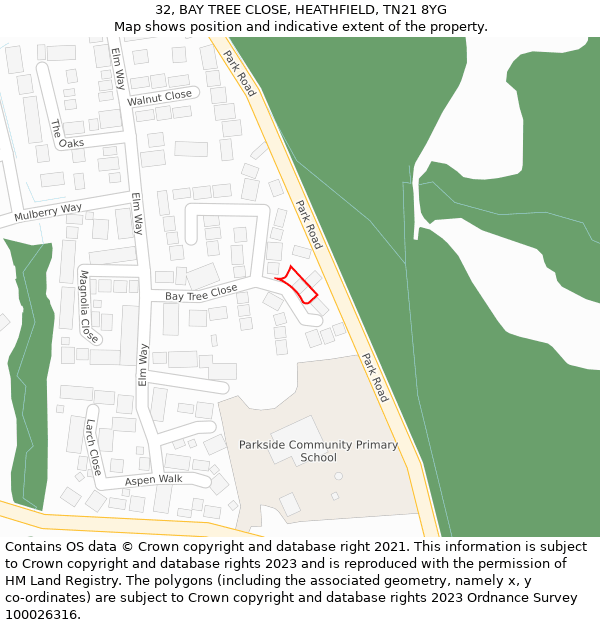 32, BAY TREE CLOSE, HEATHFIELD, TN21 8YG: Location map and indicative extent of plot