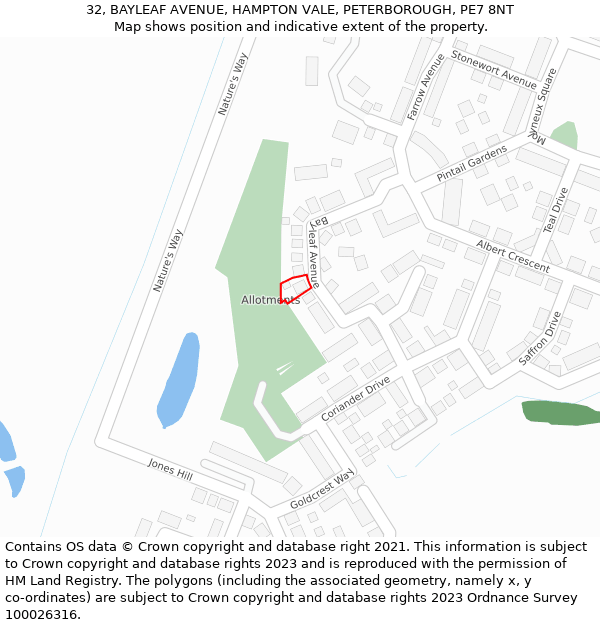 32, BAYLEAF AVENUE, HAMPTON VALE, PETERBOROUGH, PE7 8NT: Location map and indicative extent of plot
