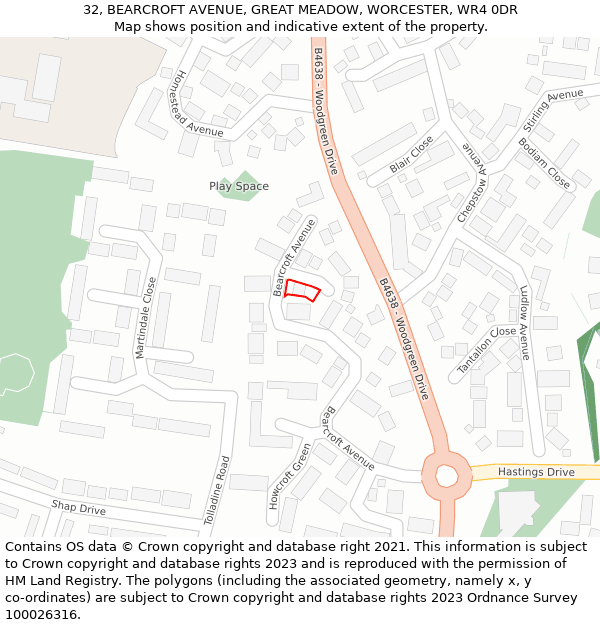 32, BEARCROFT AVENUE, GREAT MEADOW, WORCESTER, WR4 0DR: Location map and indicative extent of plot