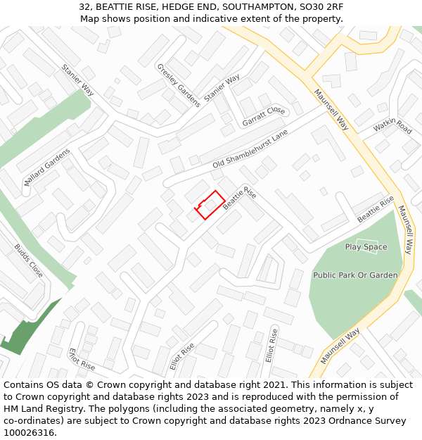 32, BEATTIE RISE, HEDGE END, SOUTHAMPTON, SO30 2RF: Location map and indicative extent of plot