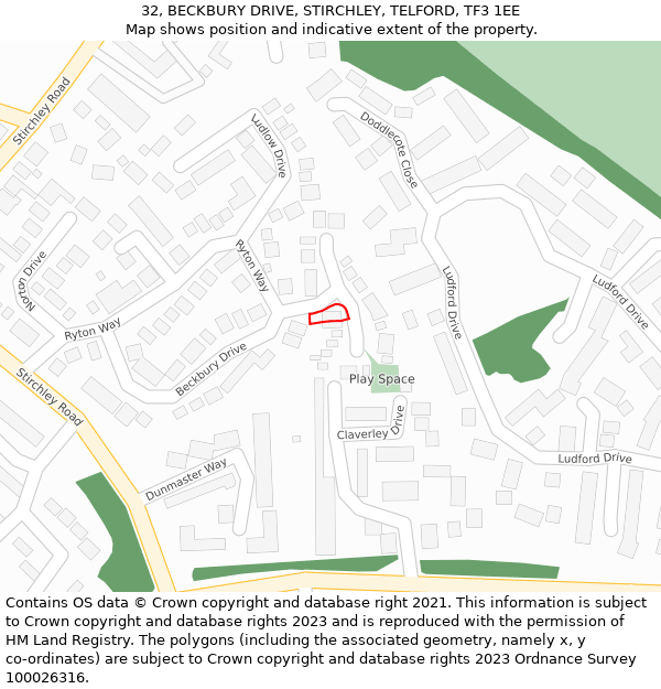 32, BECKBURY DRIVE, STIRCHLEY, TELFORD, TF3 1EE: Location map and indicative extent of plot