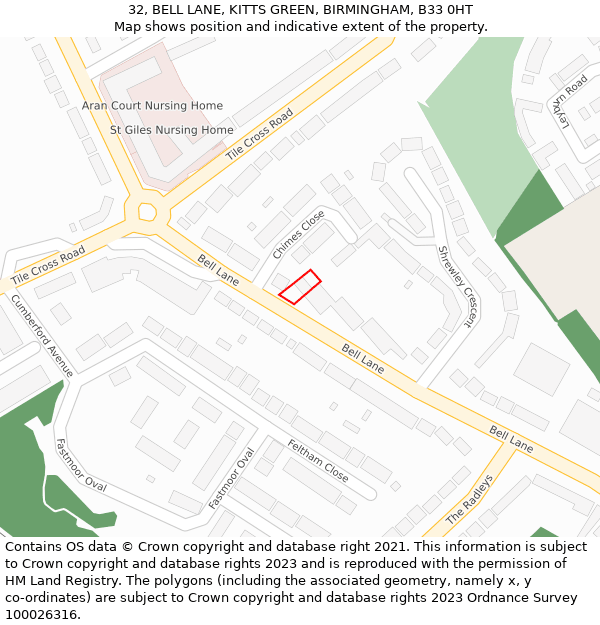 32, BELL LANE, KITTS GREEN, BIRMINGHAM, B33 0HT: Location map and indicative extent of plot