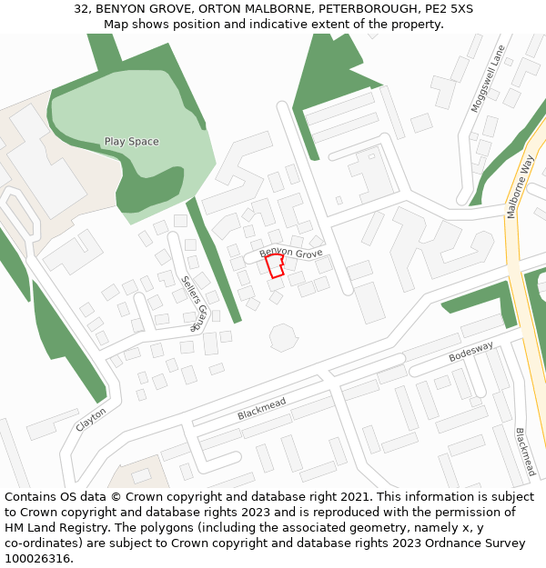 32, BENYON GROVE, ORTON MALBORNE, PETERBOROUGH, PE2 5XS: Location map and indicative extent of plot