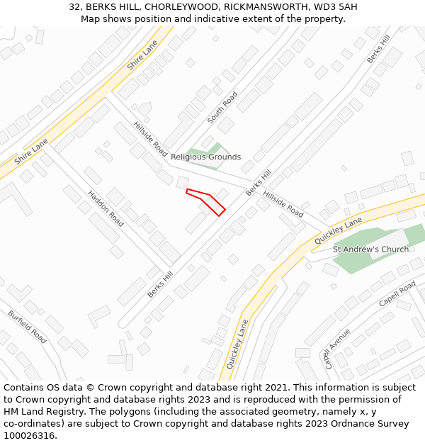 32, BERKS HILL, CHORLEYWOOD, RICKMANSWORTH, WD3 5AH: Location map and indicative extent of plot