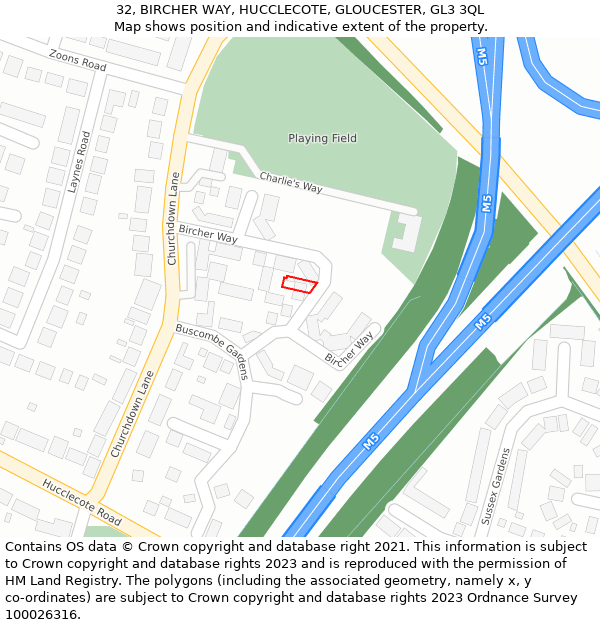 32, BIRCHER WAY, HUCCLECOTE, GLOUCESTER, GL3 3QL: Location map and indicative extent of plot