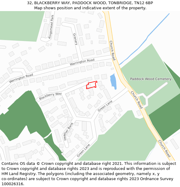 32, BLACKBERRY WAY, PADDOCK WOOD, TONBRIDGE, TN12 6BP: Location map and indicative extent of plot