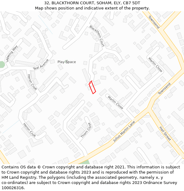 32, BLACKTHORN COURT, SOHAM, ELY, CB7 5DT: Location map and indicative extent of plot