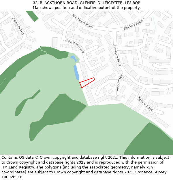 32, BLACKTHORN ROAD, GLENFIELD, LEICESTER, LE3 8QP: Location map and indicative extent of plot