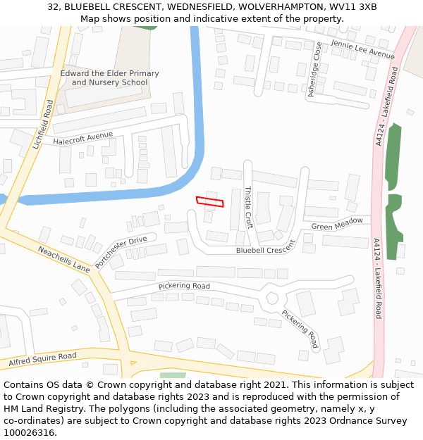 32, BLUEBELL CRESCENT, WEDNESFIELD, WOLVERHAMPTON, WV11 3XB: Location map and indicative extent of plot