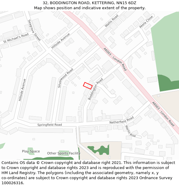 32, BODDINGTON ROAD, KETTERING, NN15 6DZ: Location map and indicative extent of plot