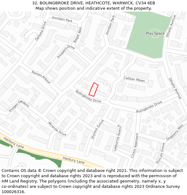 32, BOLINGBROKE DRIVE, HEATHCOTE, WARWICK, CV34 6EB: Location map and indicative extent of plot