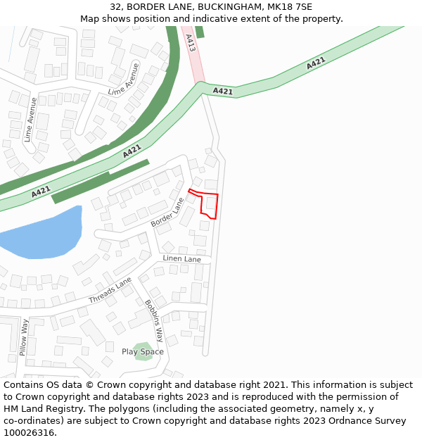 32, BORDER LANE, BUCKINGHAM, MK18 7SE: Location map and indicative extent of plot