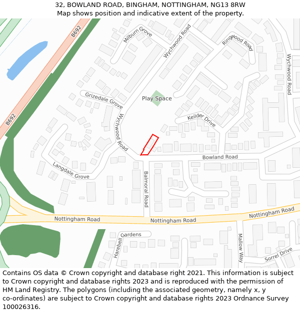 32, BOWLAND ROAD, BINGHAM, NOTTINGHAM, NG13 8RW: Location map and indicative extent of plot