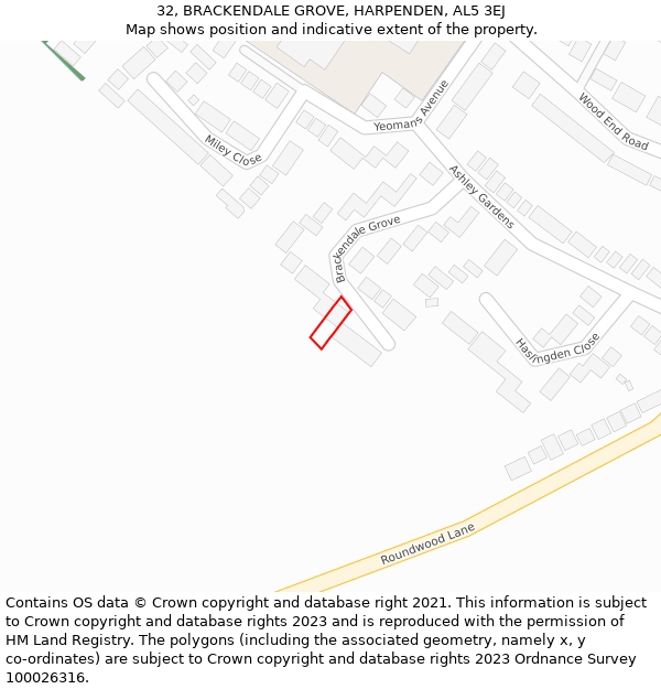 32, BRACKENDALE GROVE, HARPENDEN, AL5 3EJ: Location map and indicative extent of plot