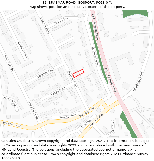 32, BRAEMAR ROAD, GOSPORT, PO13 0YA: Location map and indicative extent of plot