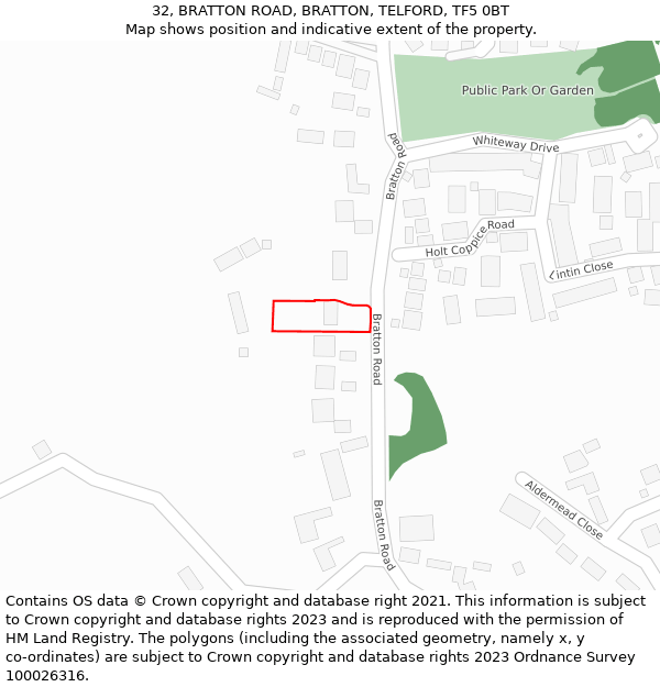32, BRATTON ROAD, BRATTON, TELFORD, TF5 0BT: Location map and indicative extent of plot