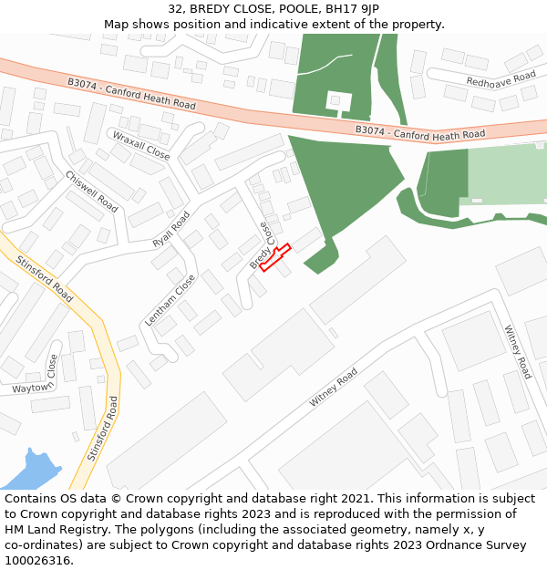 32, BREDY CLOSE, POOLE, BH17 9JP: Location map and indicative extent of plot