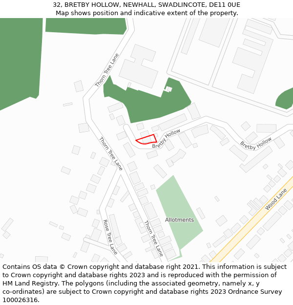 32, BRETBY HOLLOW, NEWHALL, SWADLINCOTE, DE11 0UE: Location map and indicative extent of plot