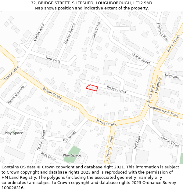 32, BRIDGE STREET, SHEPSHED, LOUGHBOROUGH, LE12 9AD: Location map and indicative extent of plot