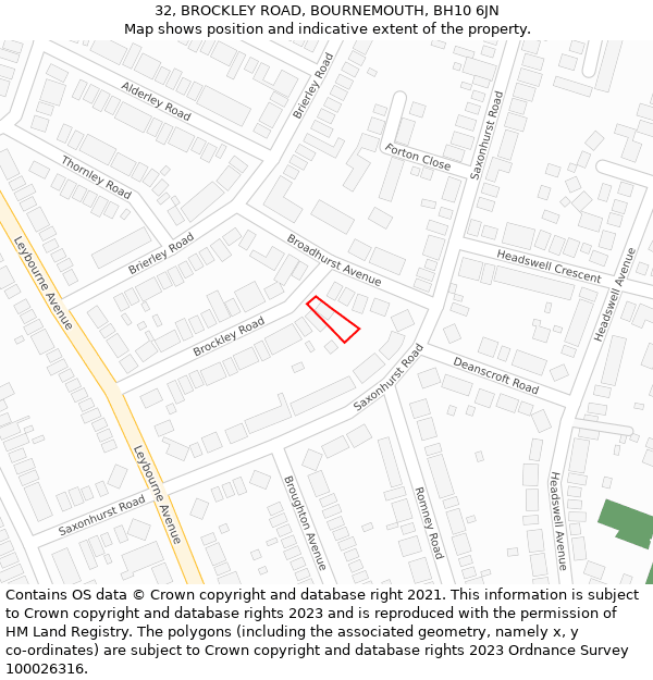32, BROCKLEY ROAD, BOURNEMOUTH, BH10 6JN: Location map and indicative extent of plot