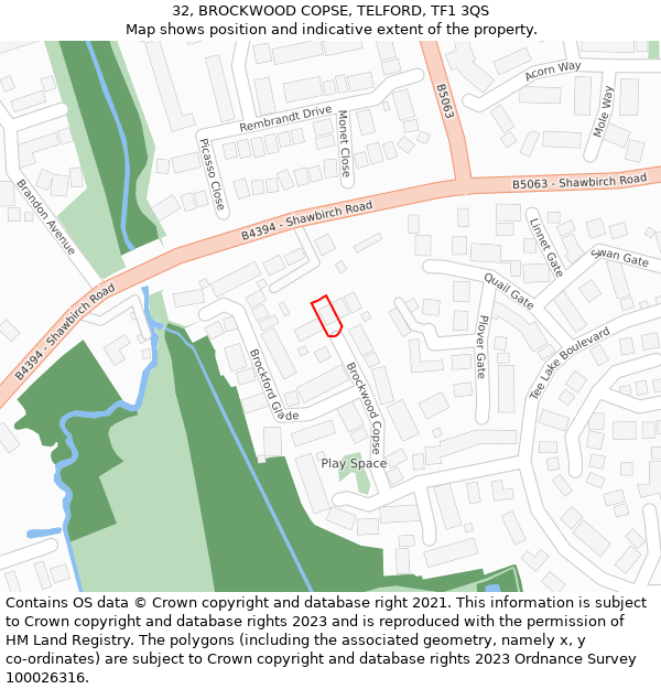 32, BROCKWOOD COPSE, TELFORD, TF1 3QS: Location map and indicative extent of plot