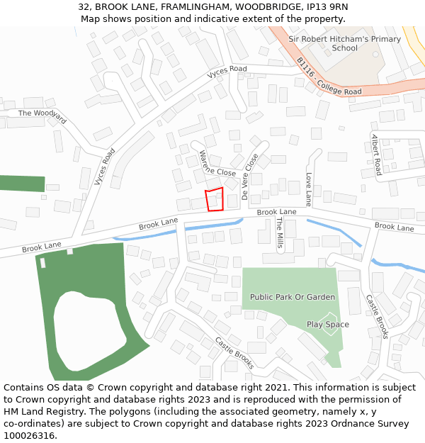 32, BROOK LANE, FRAMLINGHAM, WOODBRIDGE, IP13 9RN: Location map and indicative extent of plot