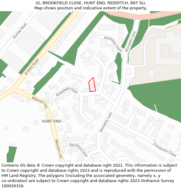 32, BROOKFIELD CLOSE, HUNT END, REDDITCH, B97 5LL: Location map and indicative extent of plot