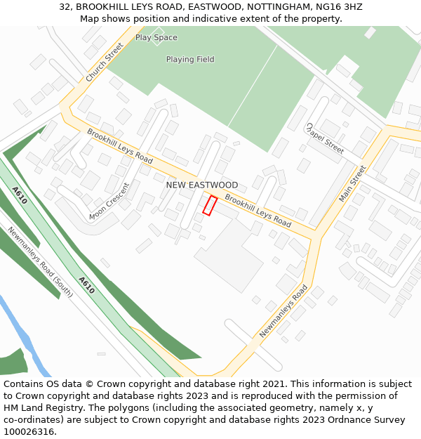32, BROOKHILL LEYS ROAD, EASTWOOD, NOTTINGHAM, NG16 3HZ: Location map and indicative extent of plot