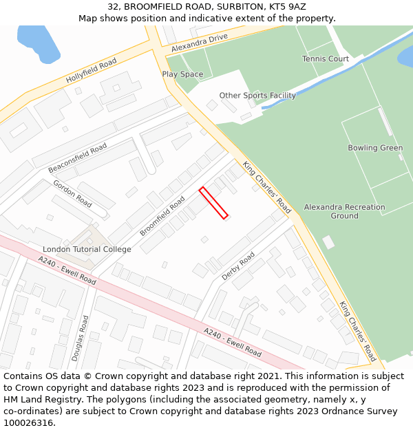 32, BROOMFIELD ROAD, SURBITON, KT5 9AZ: Location map and indicative extent of plot