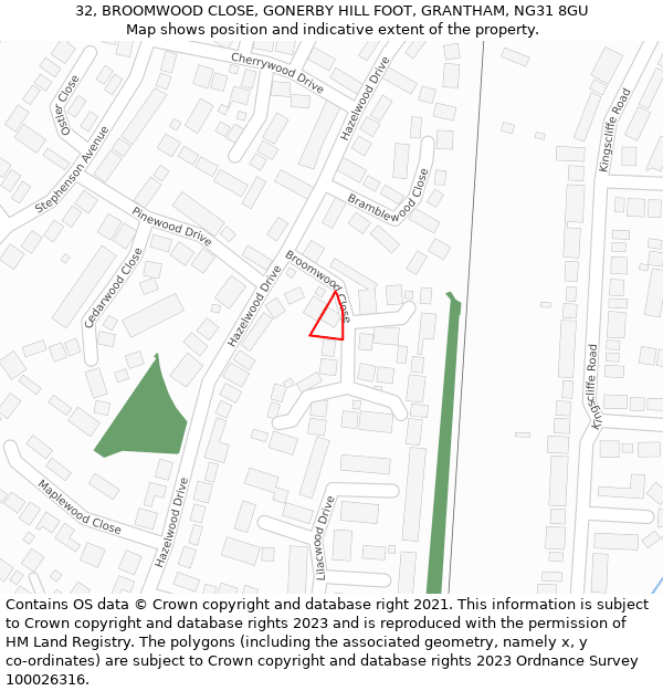 32, BROOMWOOD CLOSE, GONERBY HILL FOOT, GRANTHAM, NG31 8GU: Location map and indicative extent of plot