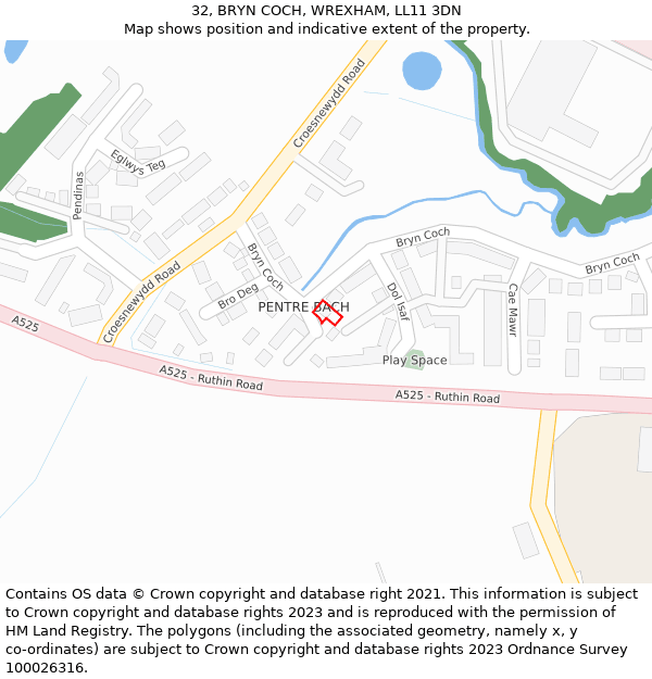 32, BRYN COCH, WREXHAM, LL11 3DN: Location map and indicative extent of plot