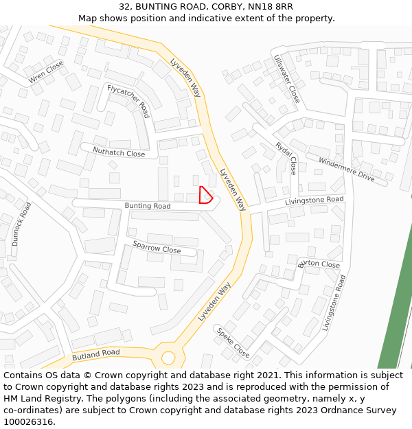 32, BUNTING ROAD, CORBY, NN18 8RR: Location map and indicative extent of plot