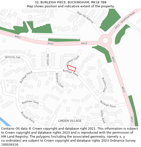 32, BURLEIGH PIECE, BUCKINGHAM, MK18 7BB: Location map and indicative extent of plot